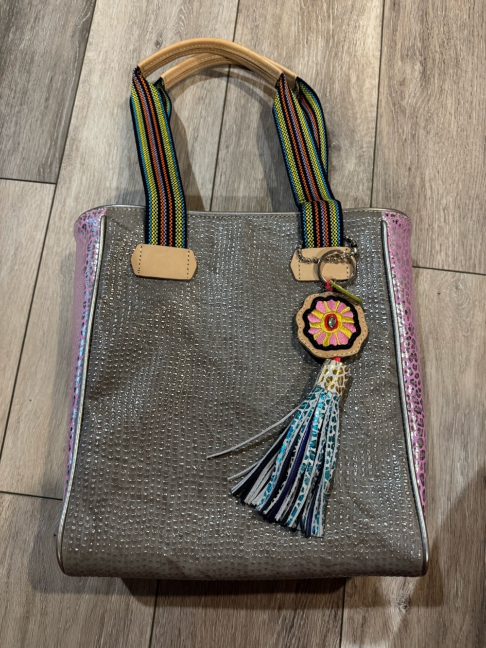 Gray Textured Tote Bag with Rainbow Strap and Tassel Charm
